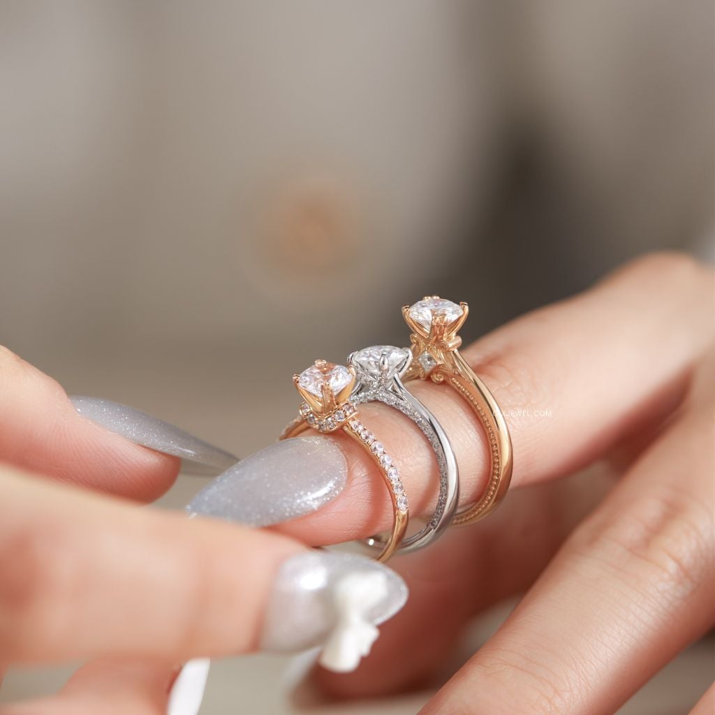 Nhẫn Vàng Cầu Hôn Đẹp Vàng Hồng 18K Đính Kim Cương Round Cao Cấp Gix