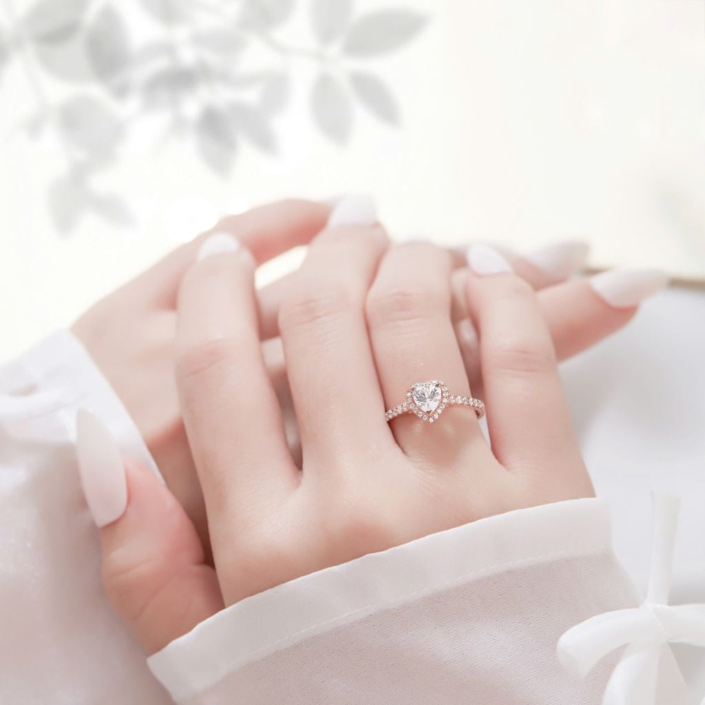  Nhẫn vàng trắng cầu hôn đính kim cương trái tim - Bliss Halo | Gix Jewel 
