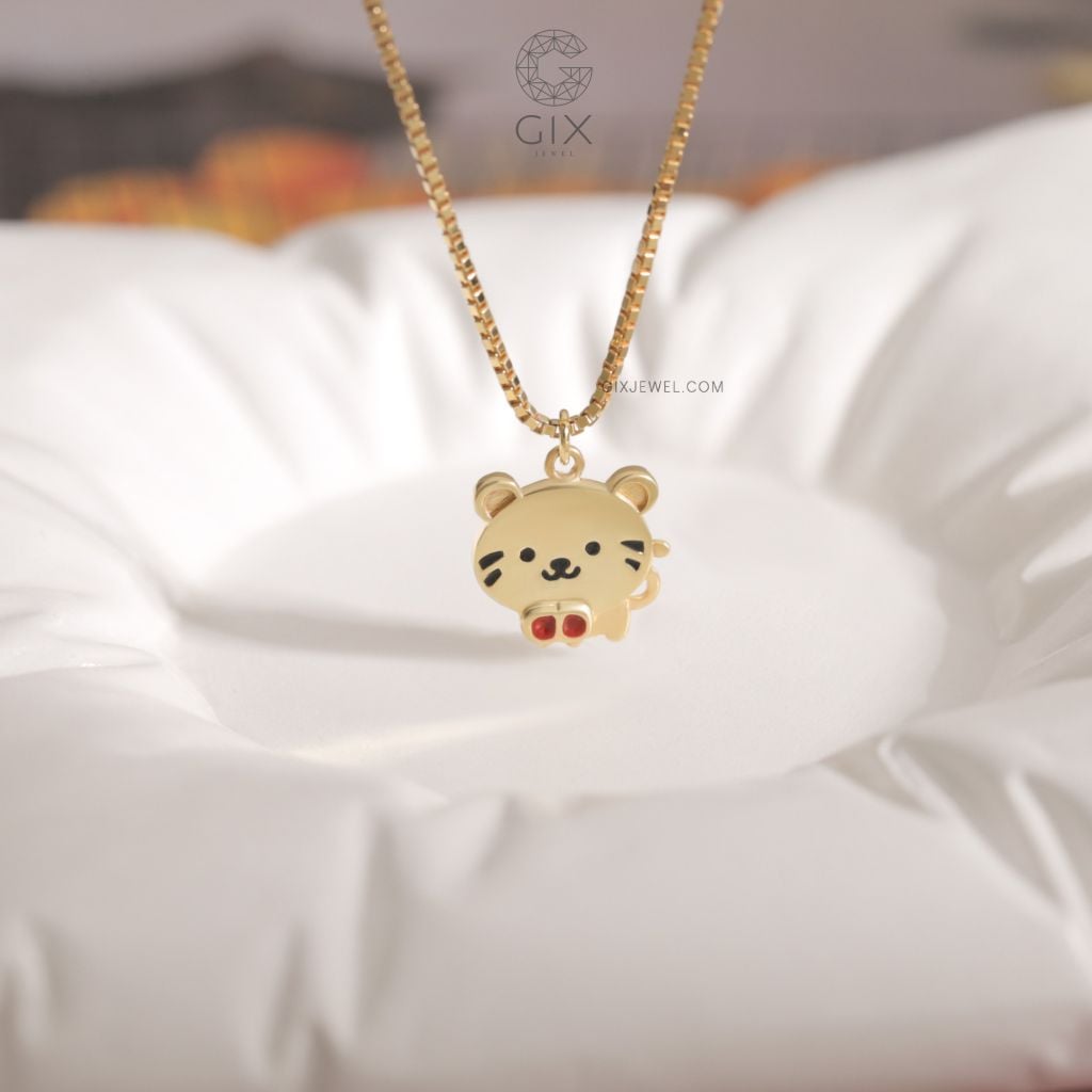  Vòng cổ cho bé trái bé gái bạc ý 925 khắc tên hình mặt mèo tráng màu Gix Jewel 