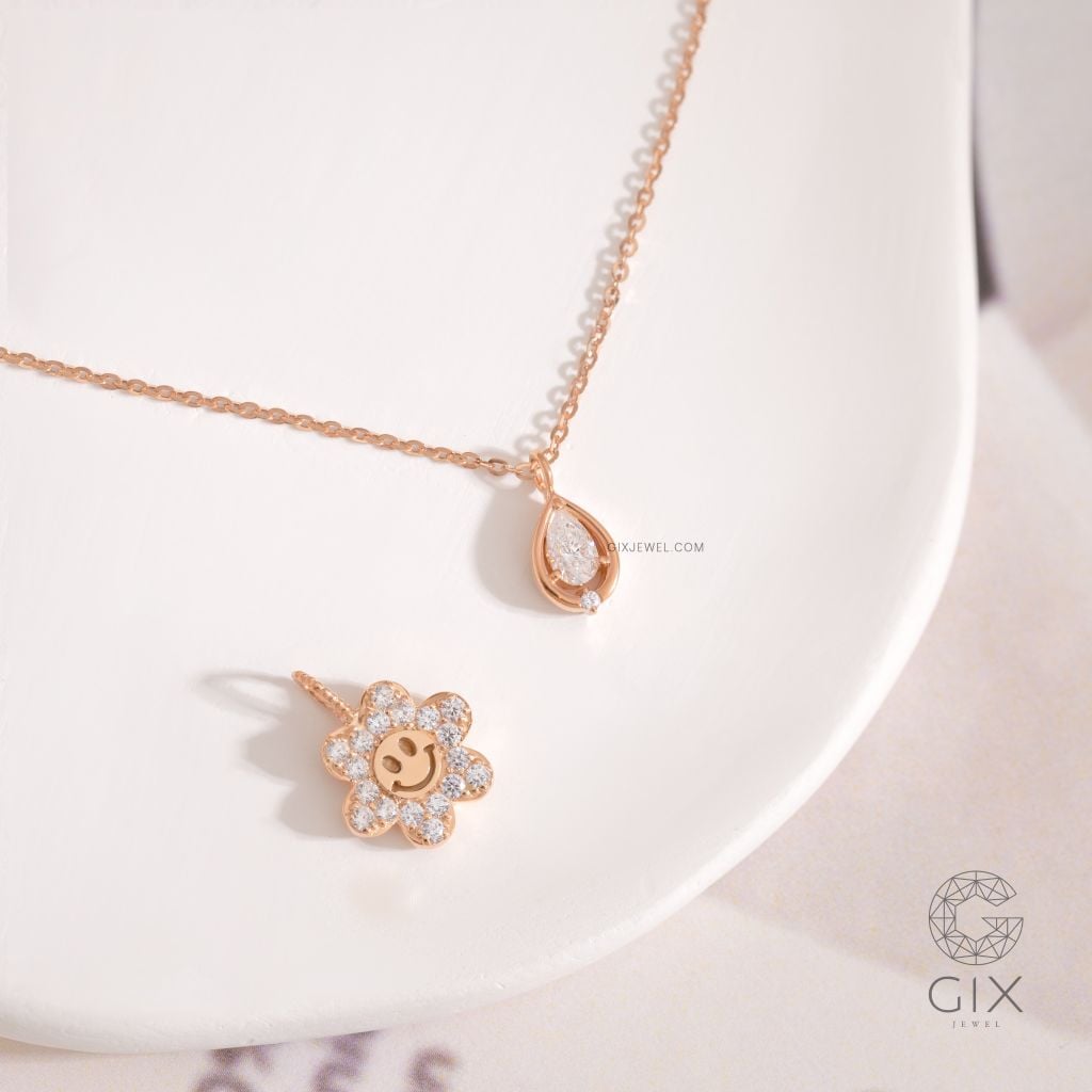  Dây chuyền vàng trắng ý nữ đẹp sợi mảnh hình giọt nước đính kim cương thật Gix Jewel 