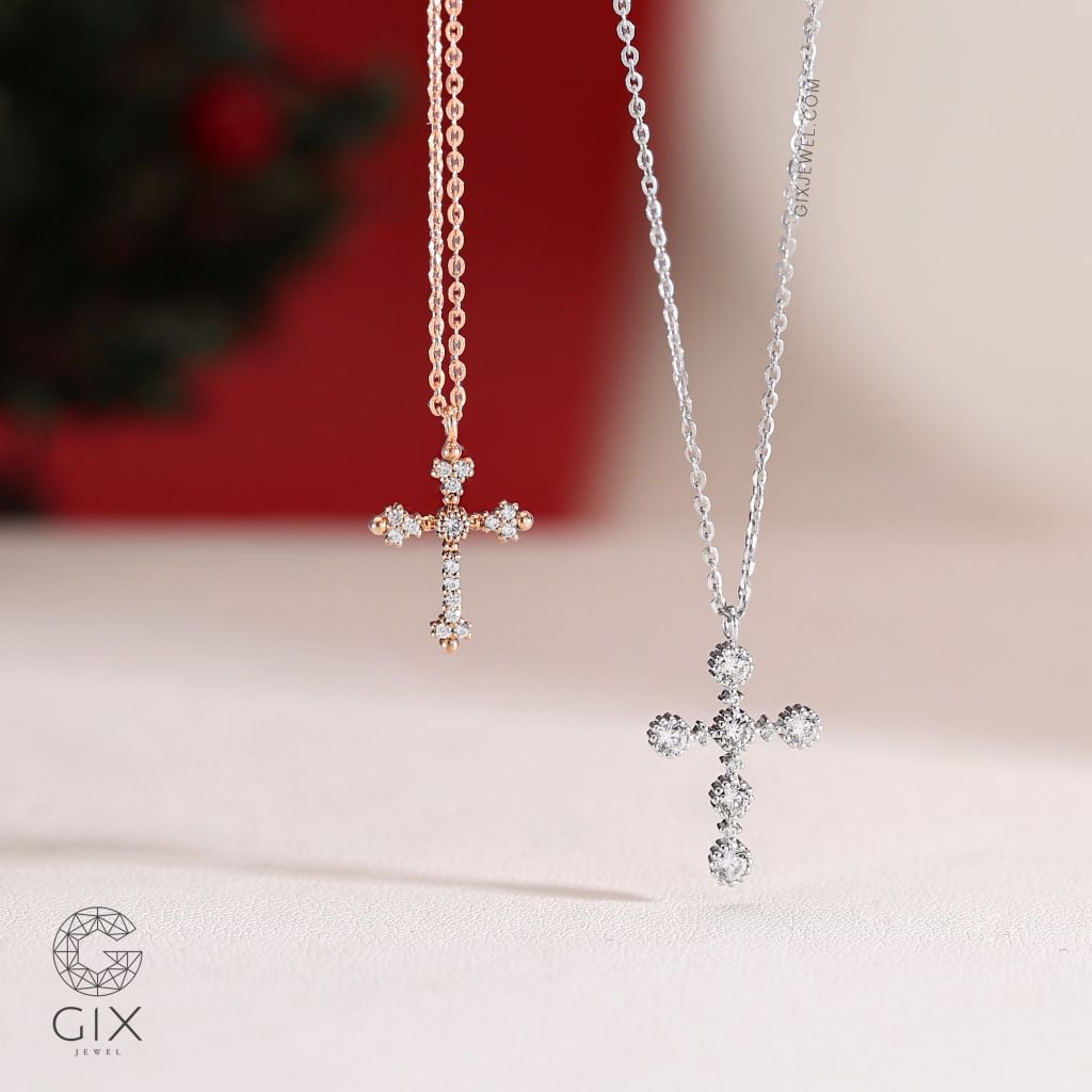  Mặt dây chuyền thánh giá vàng trắng bạc đơn giản nam nữ đeo choker layer đính kim cương 
