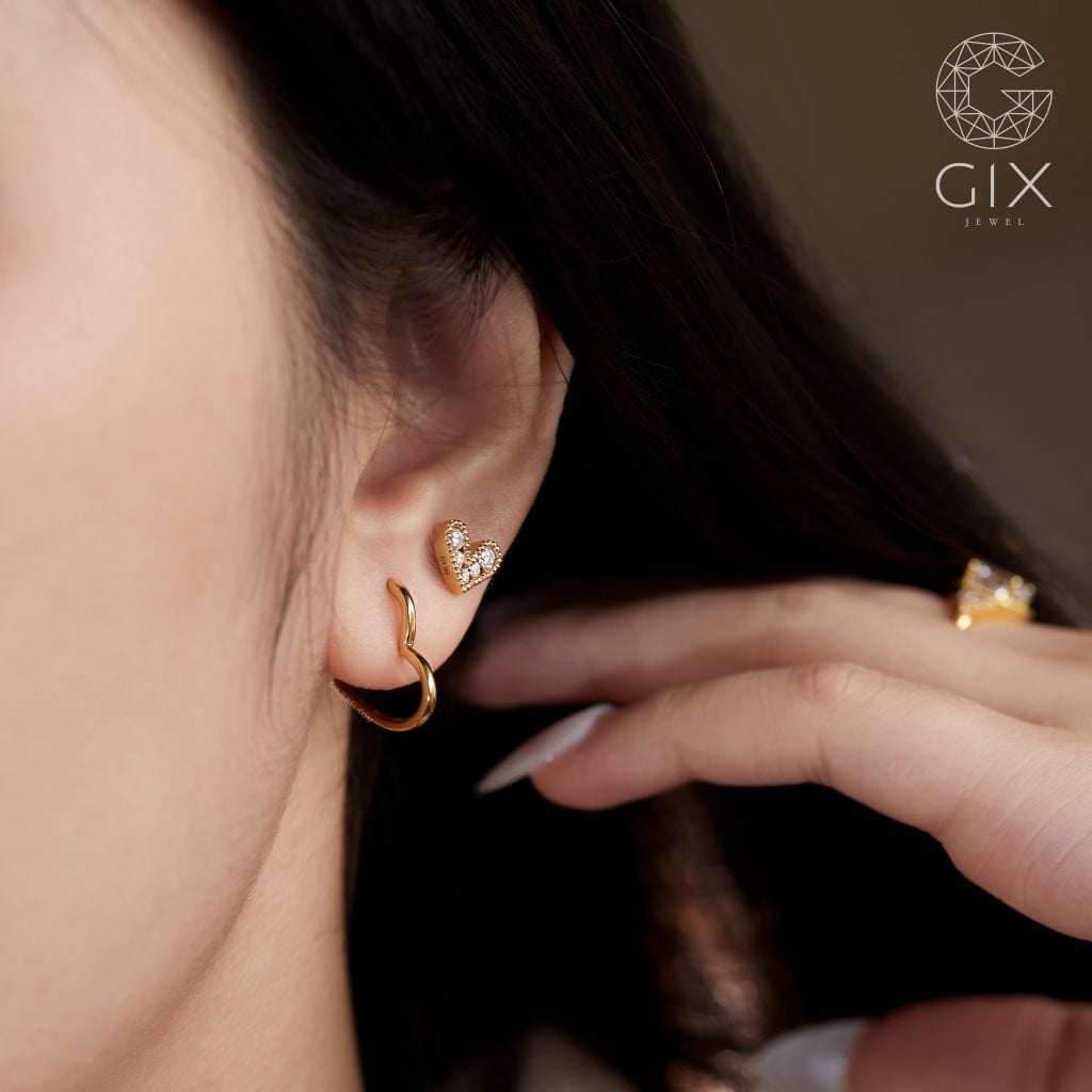  Khuyên tai đẹp khoen tròn bạc nữ mạ vàng 18k hình trái tim bản to kiểu mới Gix 
