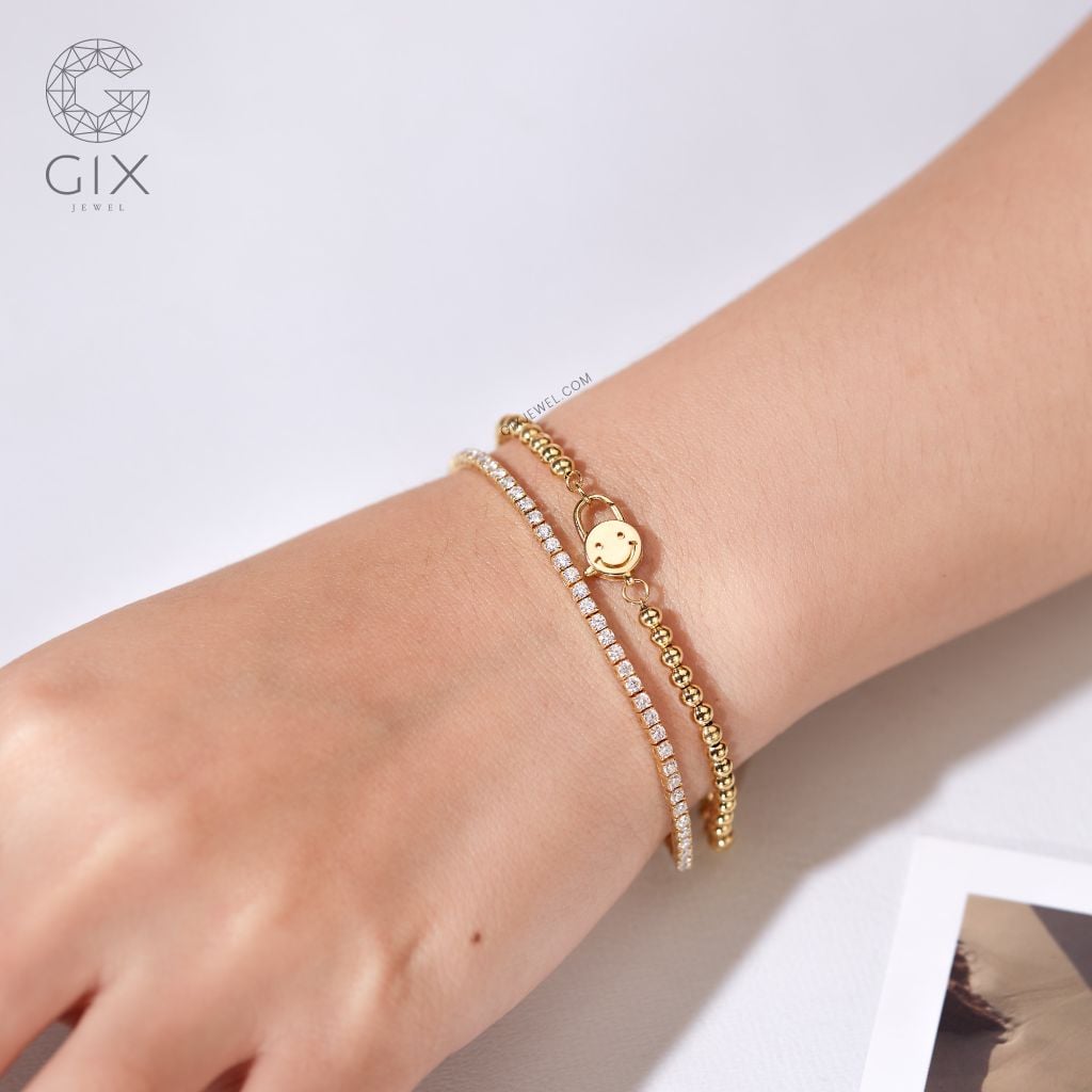  Lắc tay bi vàng nữ 18k bạc 925 hình mặt cười handmade dễ thương Gix Jewelry 