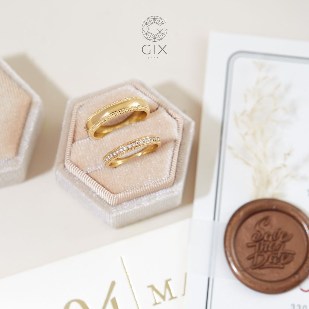  Nhẫn cưới cặp đẹp vàng tây 18k thiết kế riêng đính kim cương cao cấp Gix Jewel 