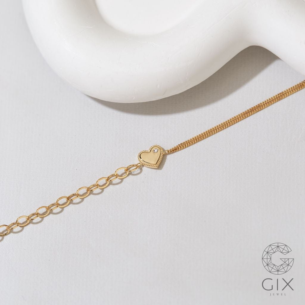  Vòng tay vàng mắc xích vuông kèm dây khoen lật hình trái tim gắn đá quý Gix Jewel 