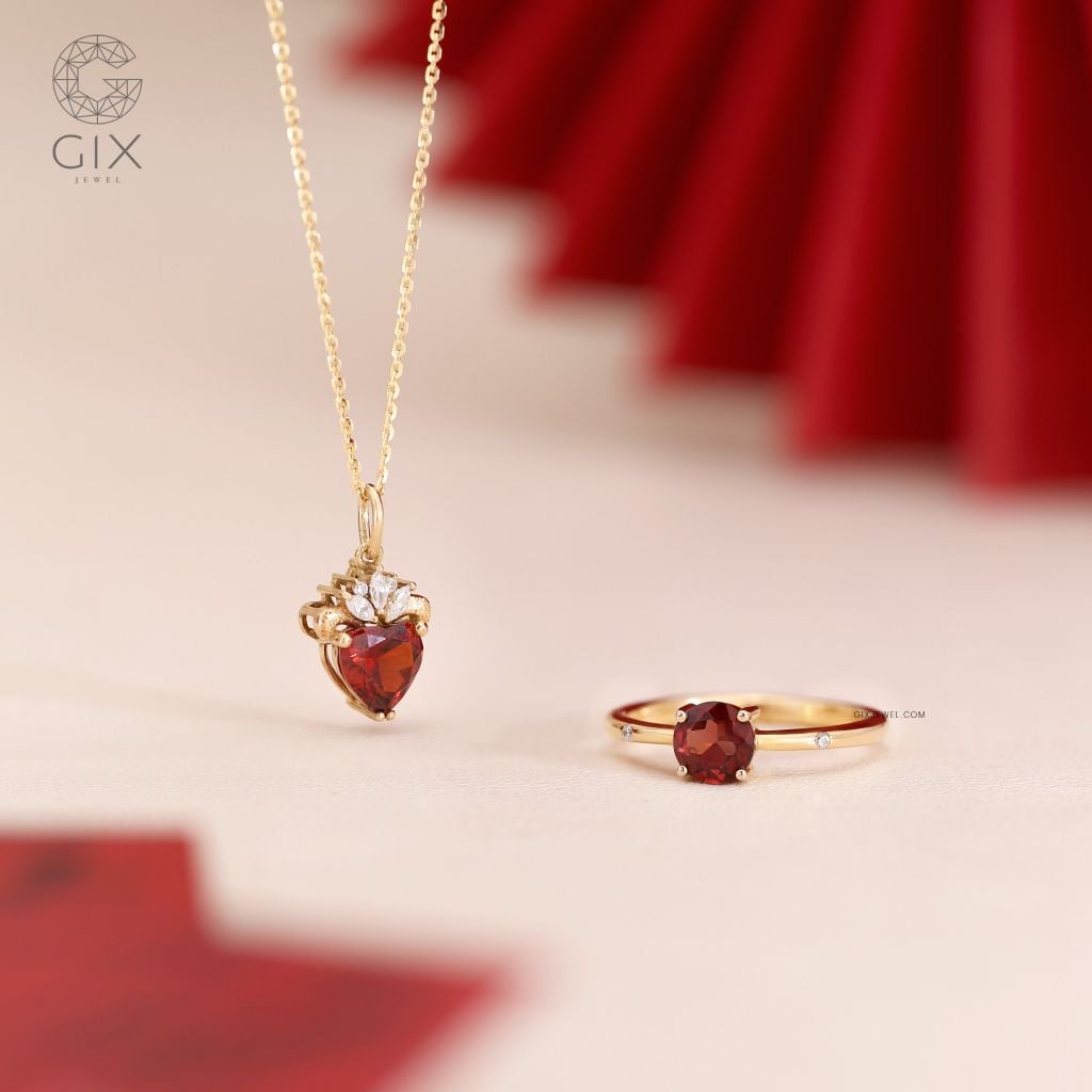  Vòng cổ đá quý garnet vàng tây 18k cho nữ mặt đá trái tim thời trang Gix 