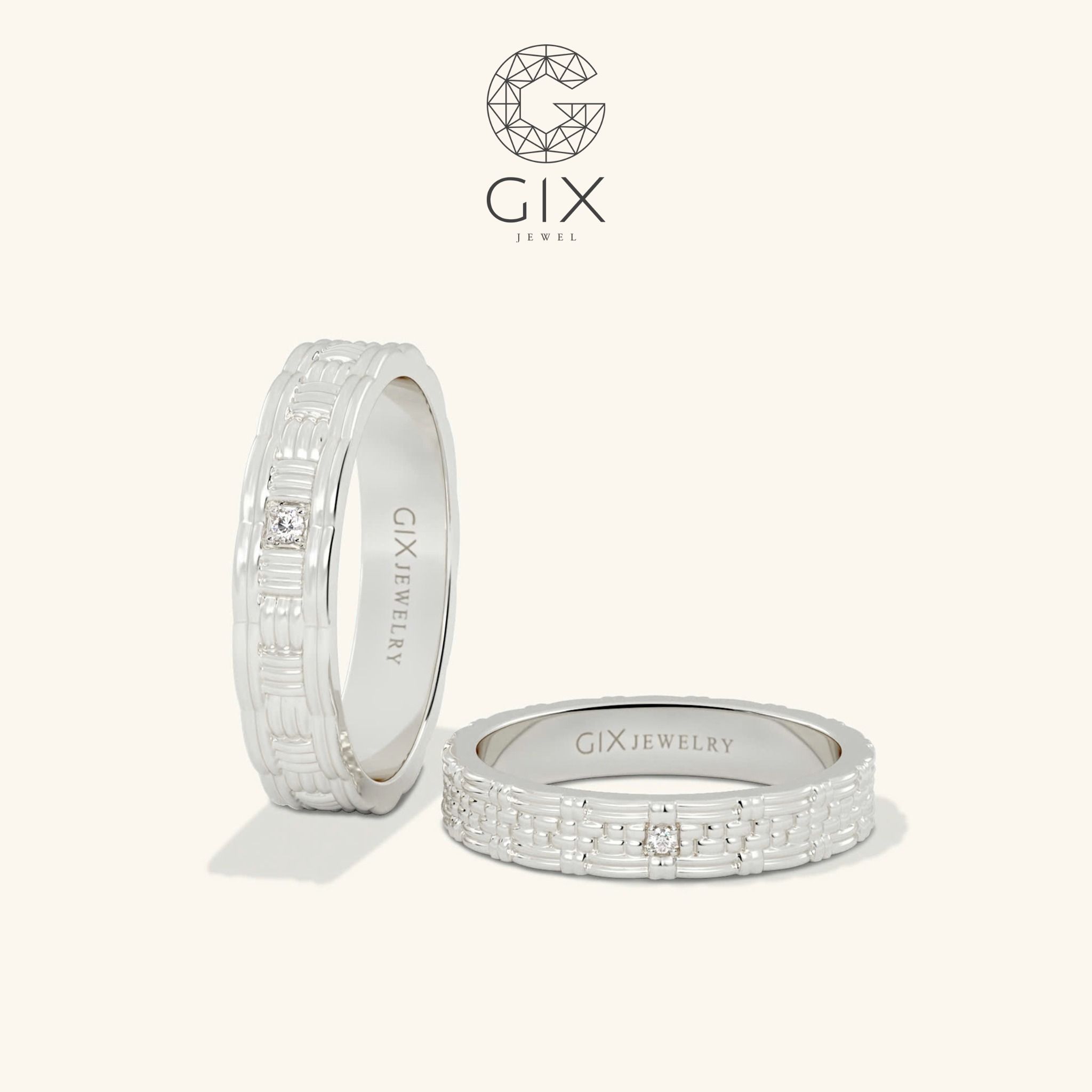  Nhẫn cưới kiểu đẹp vàng tây 18k bản to phong thuỷ đính đá Gix Jewel 