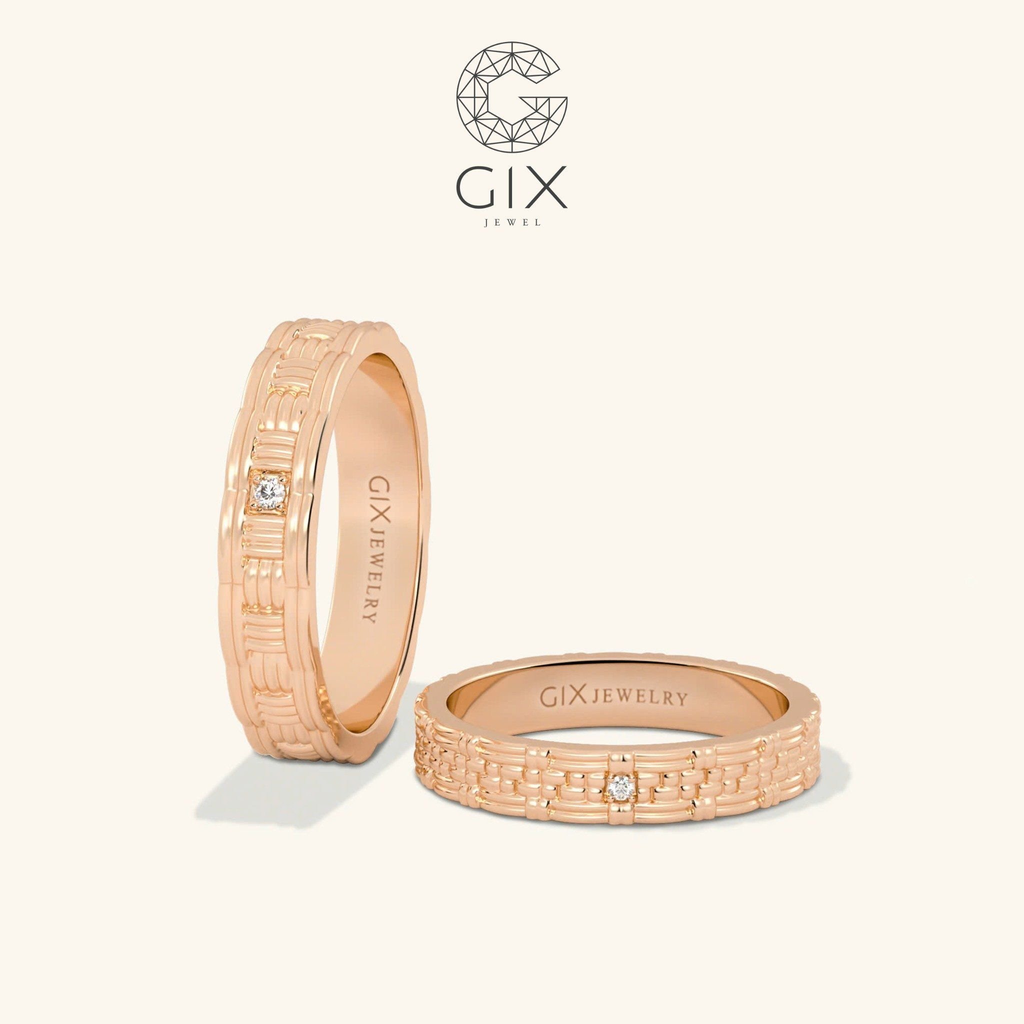  Nhẫn cưới kiểu đẹp vàng tây 18k bản to phong thuỷ đính đá Gix Jewel 