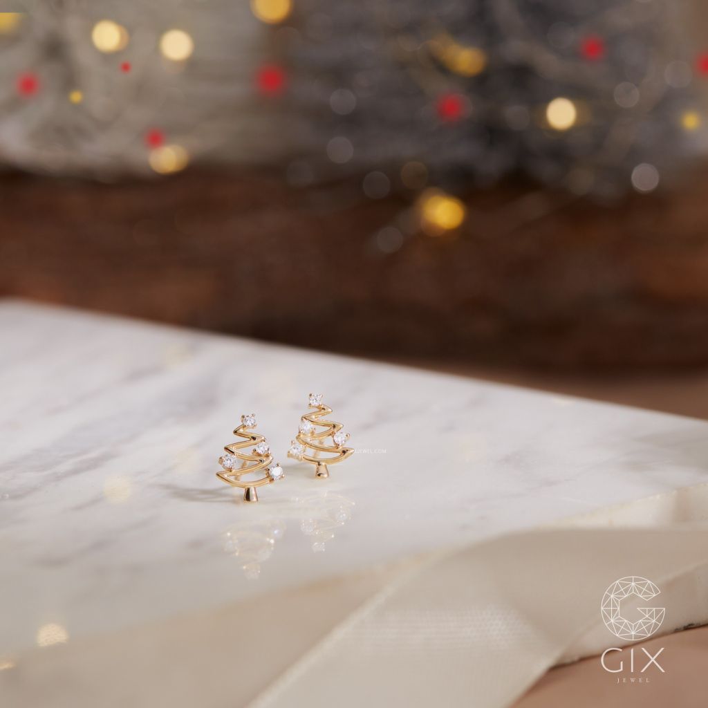  Bông tai cho bé gái sơ sinh cute bạc s925 mạ vàng trắng hình cây thông noel Gix Jewel 