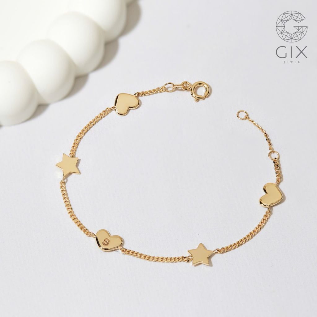 Lắc tay vàng 18k bạc đẹp cho nữ sợi khoen lật mảnh hình ngôi sao & trái tim Gix 