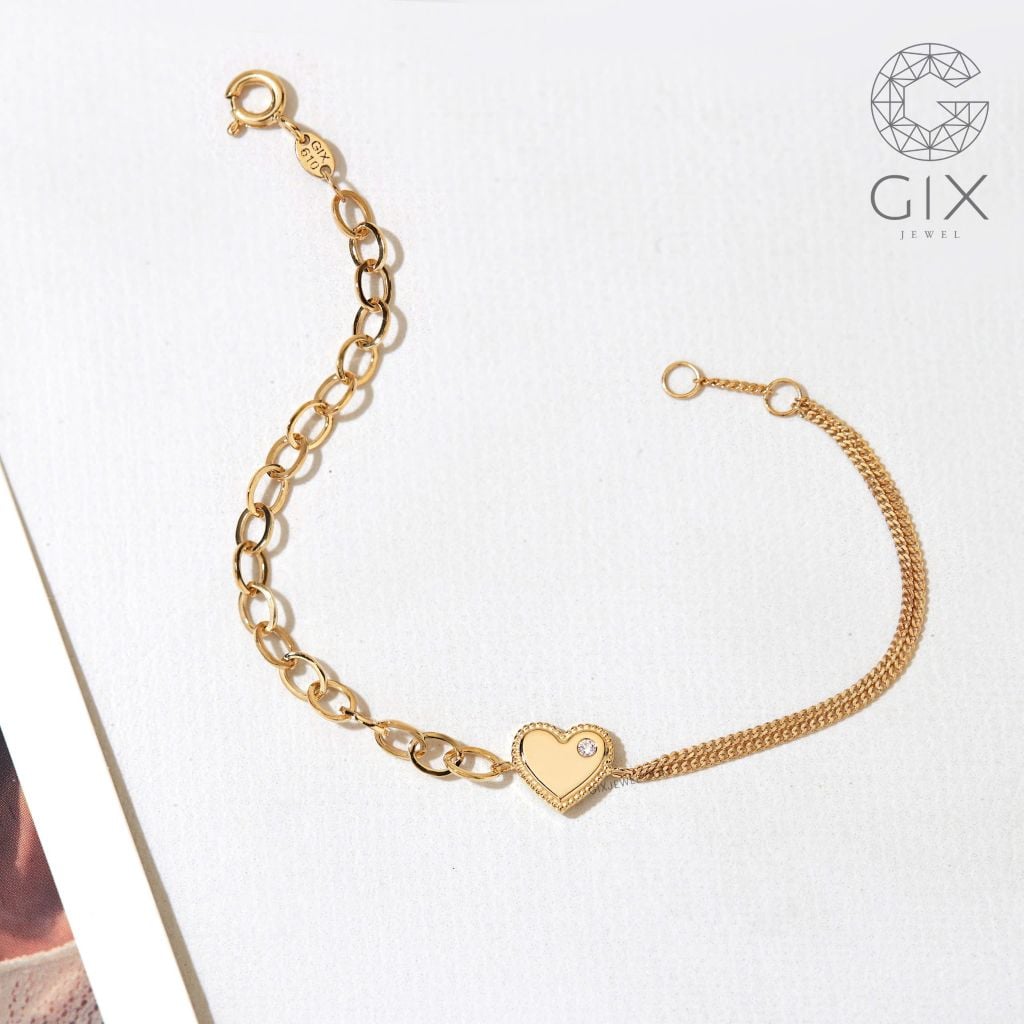  Vòng tay vàng mắc xích vuông kèm dây khoen lật hình trái tim gắn đá quý Gix Jewel 