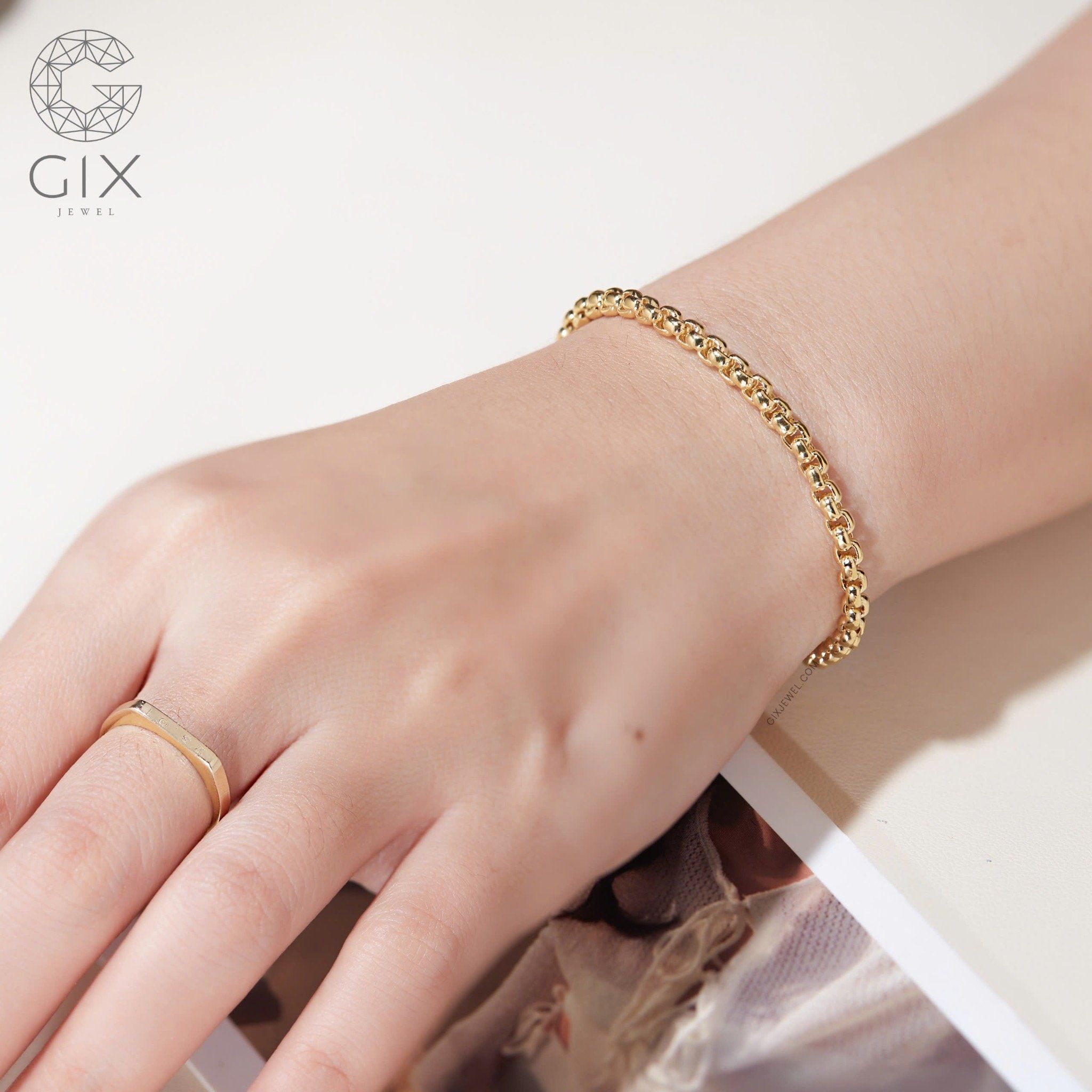  Vòng tay mắc xích vuông trơn nam nữ bạc thật vàng 18k đẹp nhất Gix Jewel 
