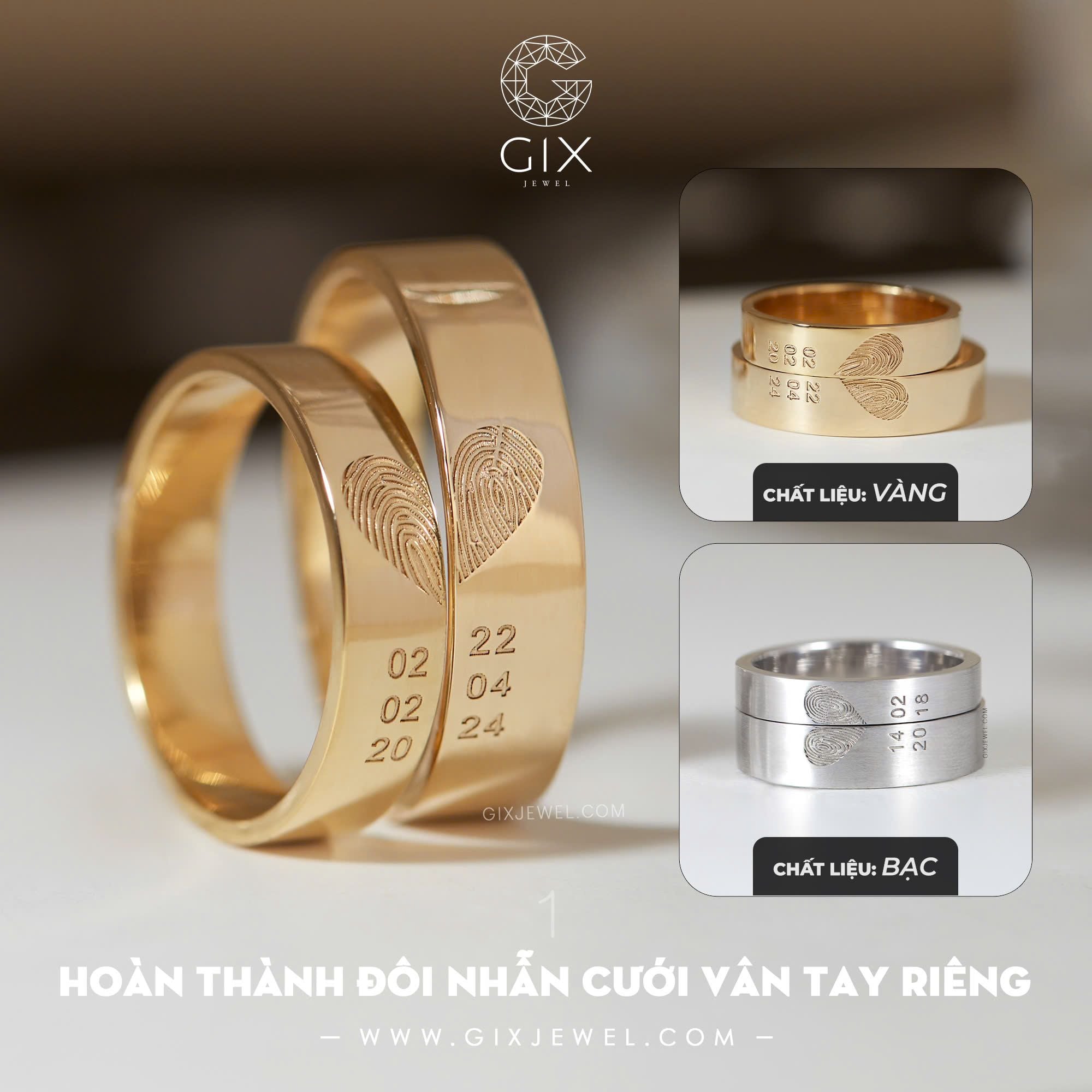  Nhẫn cưới vàng 18k khắc vân tay thiết kế đơn giản khắc tên Gix Jewel 