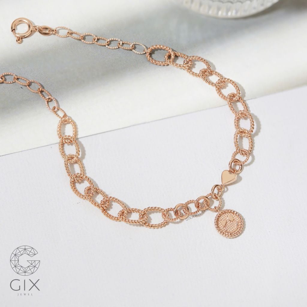 Lắc tay vàng 18k mắc xích vuông nam nữ bạc 925 Gix Jewel hình mặt cười
