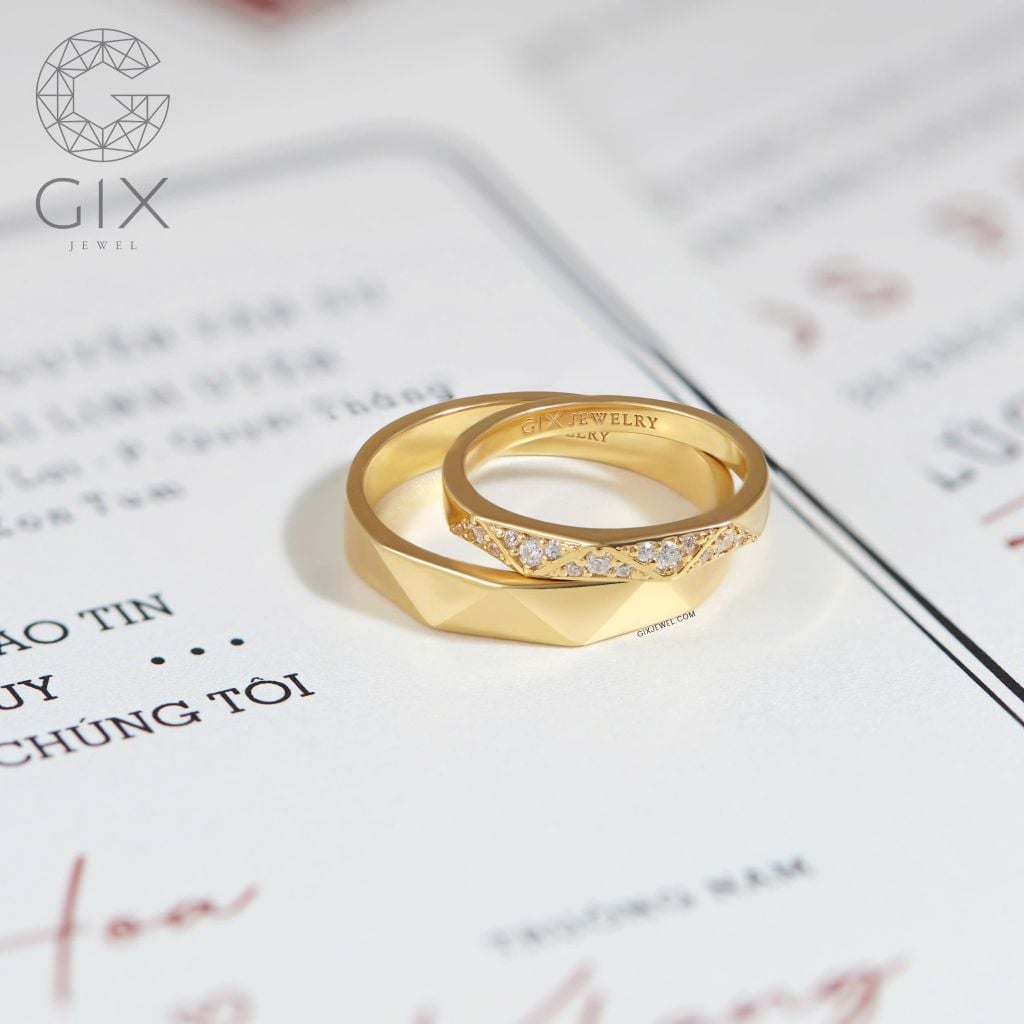  Nhẫn cưới vàng tây 18k thiết kế riêng mới nhất full kim cương tấm Gix Jewel 