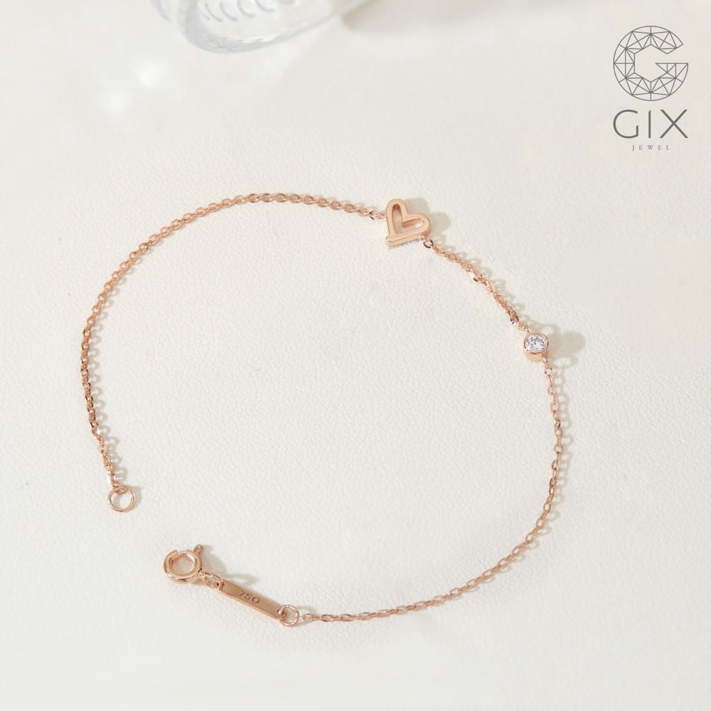  Lắc tay bạc nữ vàng 18k sợi chữ cong trái tim dễ thương đính kim cương Gix Jewelry 