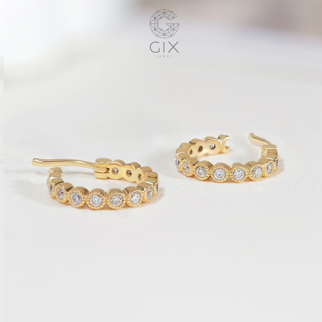  Hoa tai vàng 18k bạc khoen tròn sang chảnh kiểu mới đính hột xoàn Gixjewel 