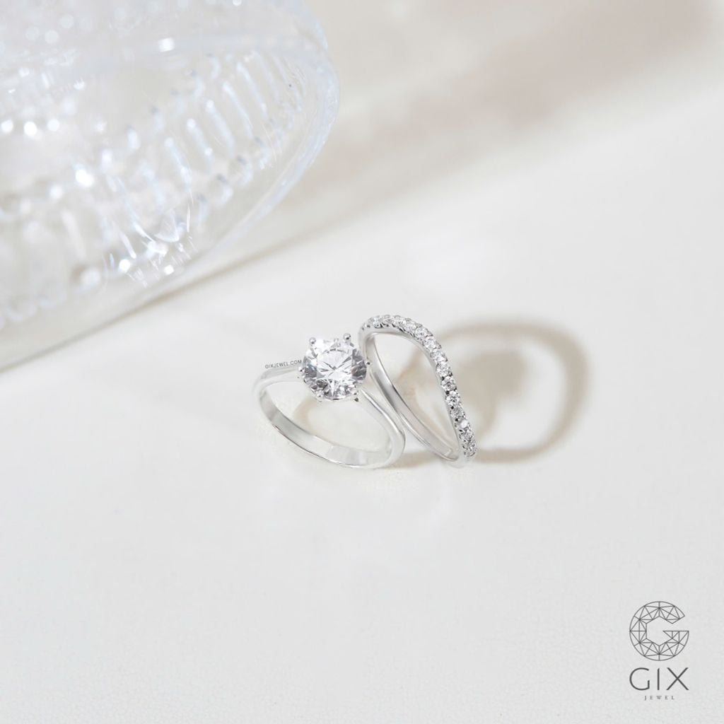 Bộ Nhẫn Kim Cương Cầu Hôn Bạn Gái Vàng 18K Đá Moissanite Đẹp Gix Jewel