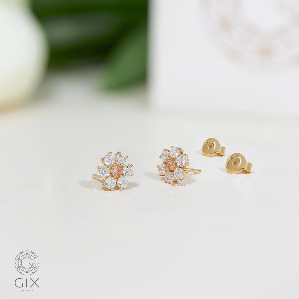  Bông tai hoa mai cưới cho cô dâu vàng 10k, 18k đính kim cương moissanite cao cấp Gix 