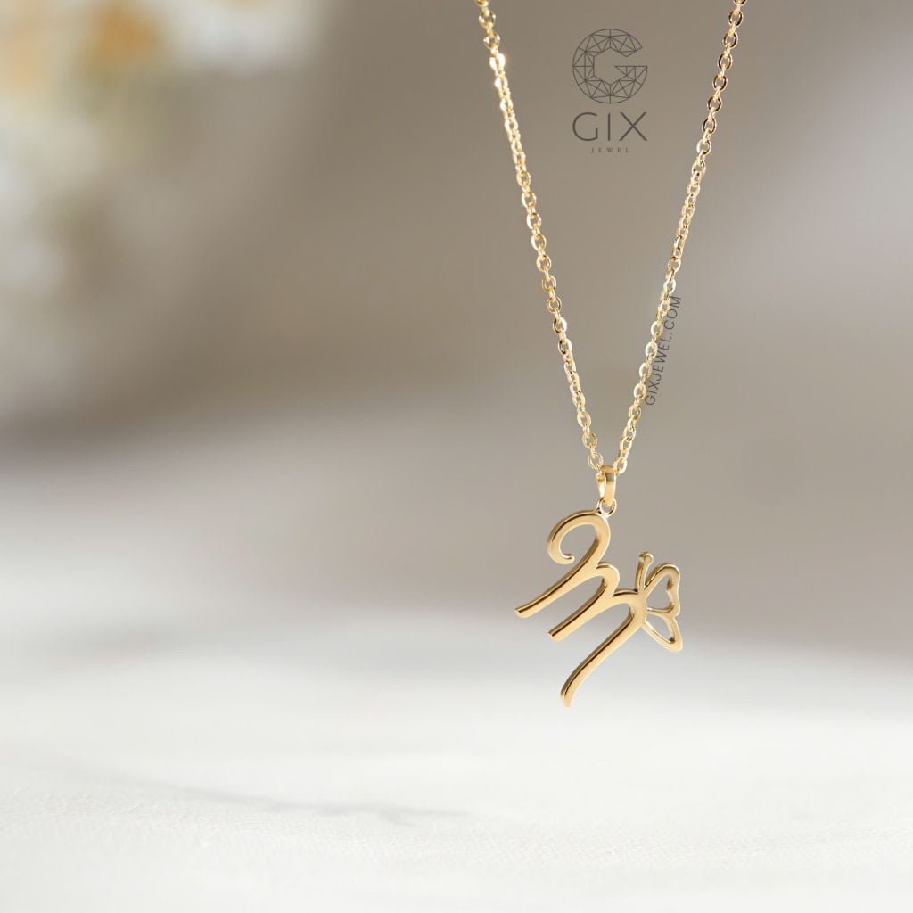  Dây chuyền vàng khắc tên chữ cái mắc xích mỏng đẹp hình cánh bướm Gix 
