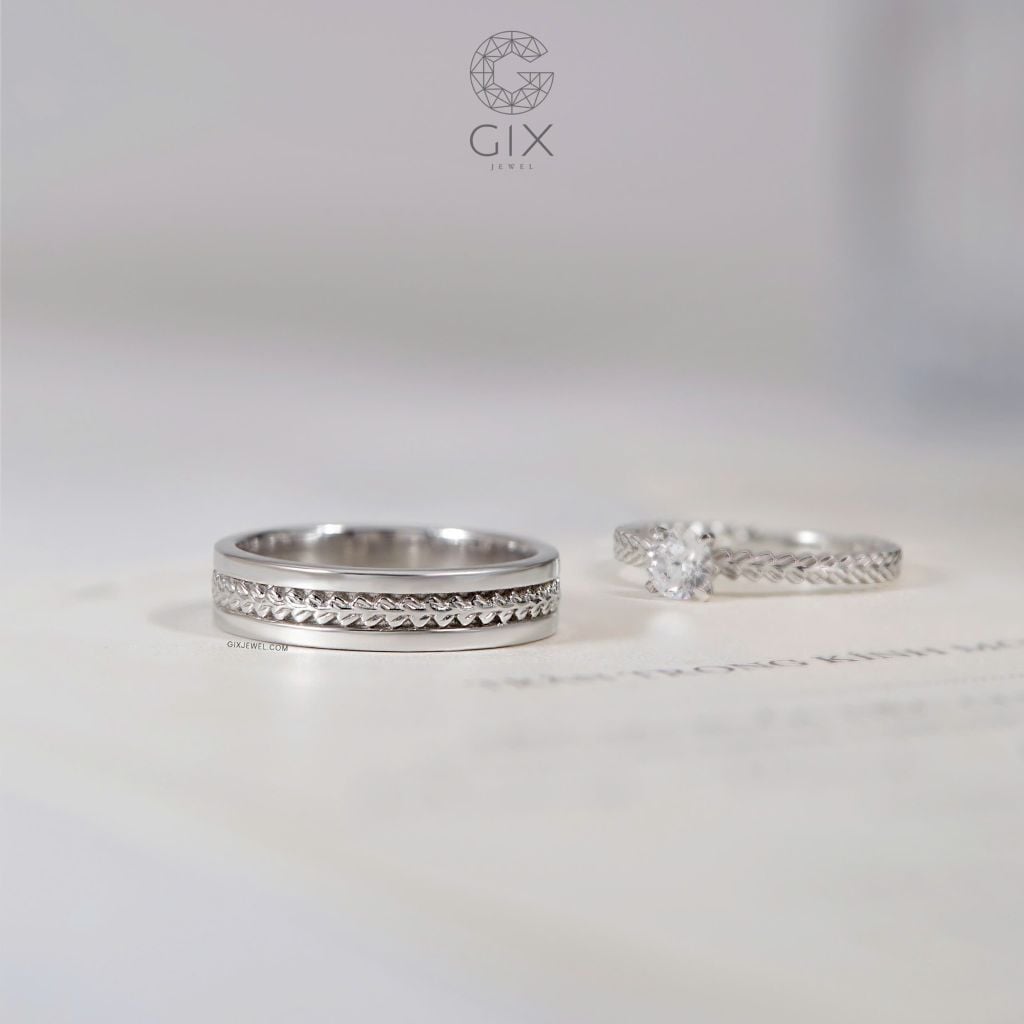  Nhẫn cưới vàng trắng 18k kim cương đẹp hiện đại hoạ tiết đính Moissanite Gix Jewel 