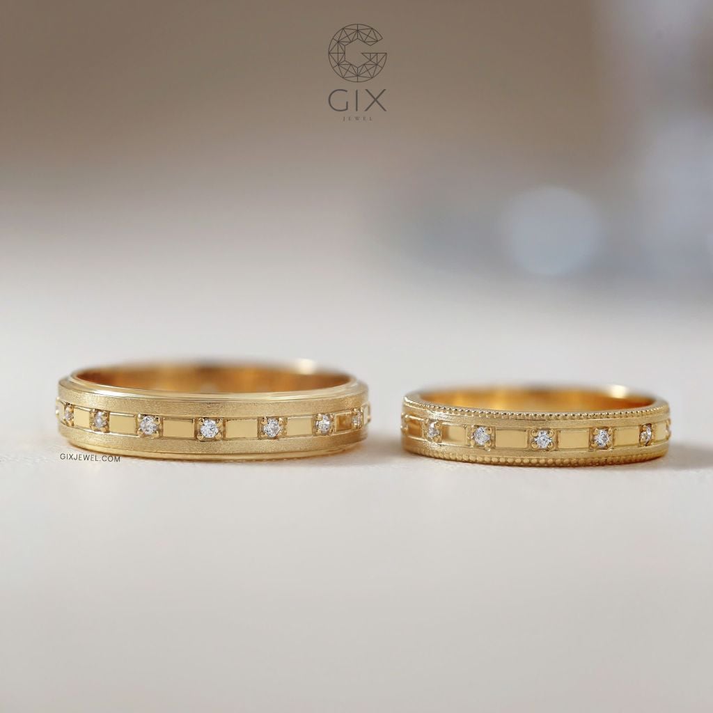 Cặp nhẫn cưới vàng 18k bản tròn đơn giản sang trọng gắn kim cương Gix Jewel 
