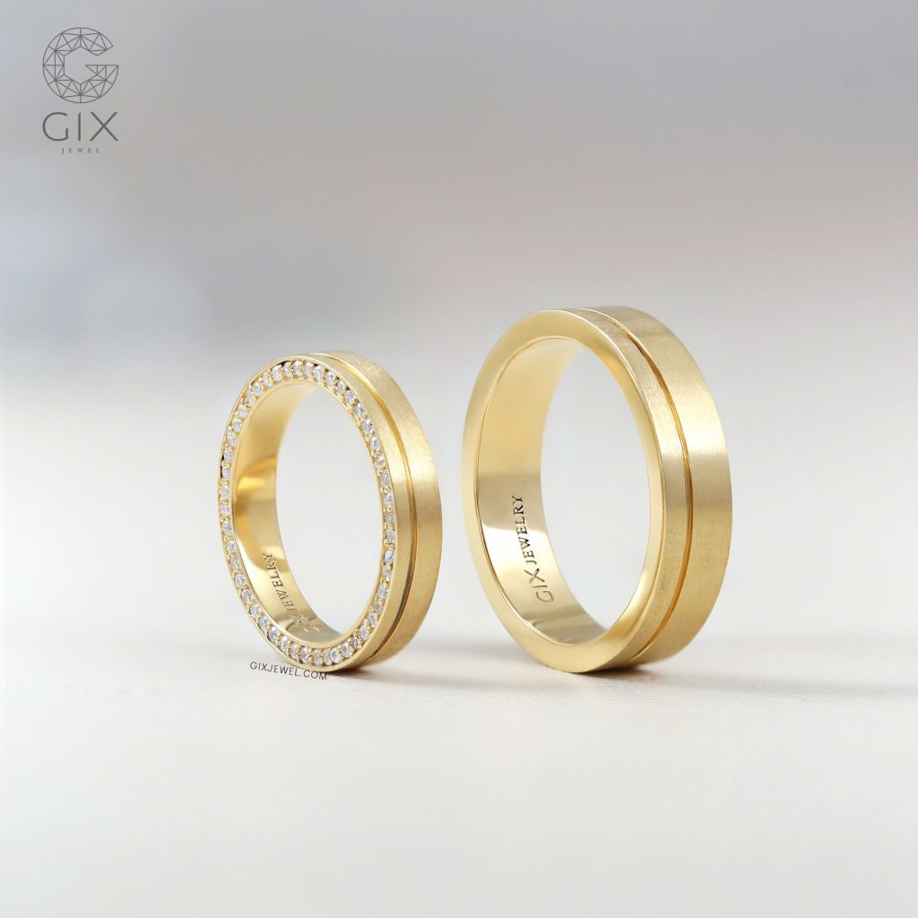  Nhẫn cưới đôi vàng tây 18k đẹp kim cương đơn giản uy tín khắc tên Gixjewel 