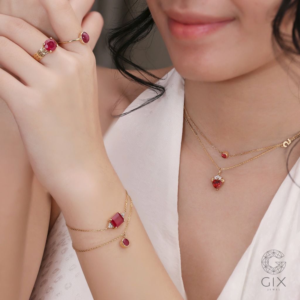  Vòng cổ đá quý garnet vàng tây 18k cho nữ mặt đá trái tim thời trang Gix 