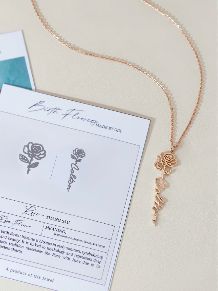  Dây chuyền tên kèm hoa hồng vàng kiểu mới & bạc nữ cao cấp từ sợi mảnh - Rose tháng 6 Gix 