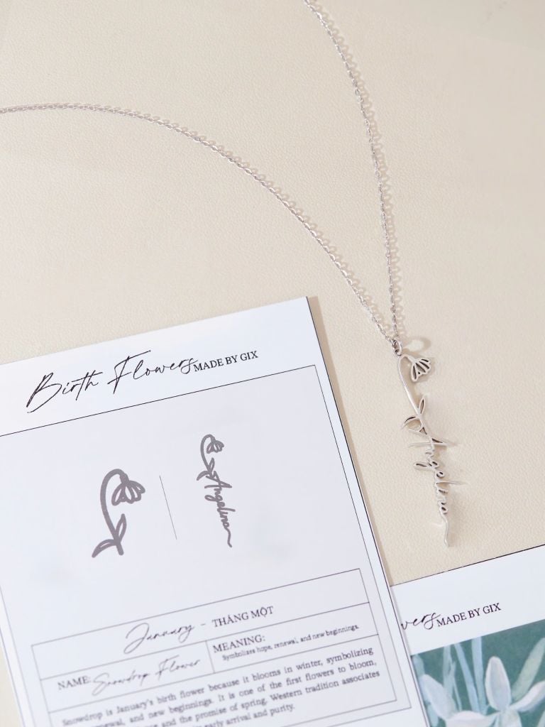  Vòng cổ mặt chữ vàng 18k bạc cao cấp khắc tên cho nữ đính kèm hình hoa Chuông Tuyết tháng 1 Gix 