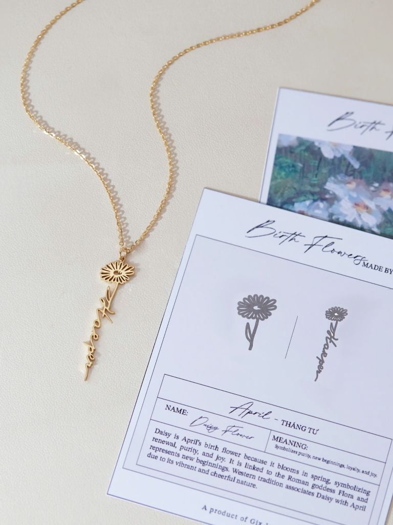  Dây chuyền vàng khắc tên chữ cái dây chữ cong cho nữ - Hoa Cúc Daisy tháng 4 GixJewelry 