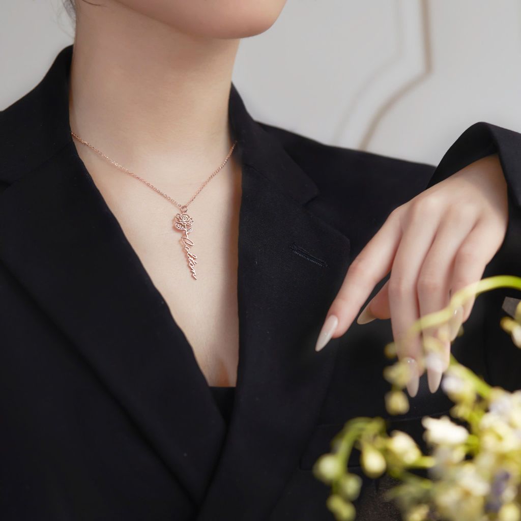  Dây chuyền tên kèm hoa hồng vàng kiểu mới & bạc nữ cao cấp từ sợi mảnh - Rose tháng 6 Gix 