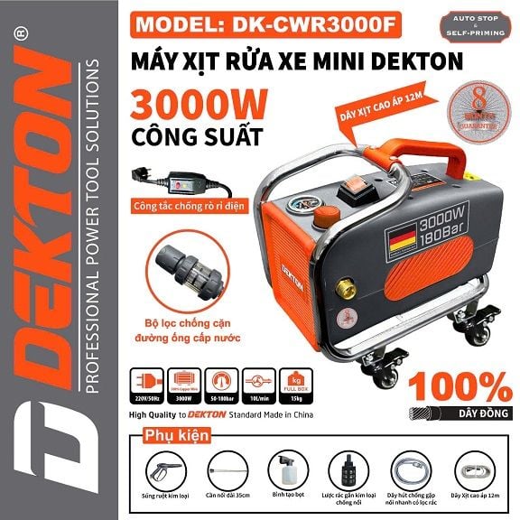  Máy Xịt Rửa Dekton DK 3000F ( 3000 W) - Chỉnh Áp - Dây 12m 