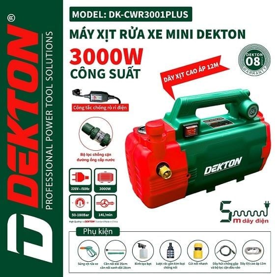  Máy Xịt Rửa Dekton DK 3001 PLUS ( 3000 W) - Chỉnh Áp - Dây 12m 