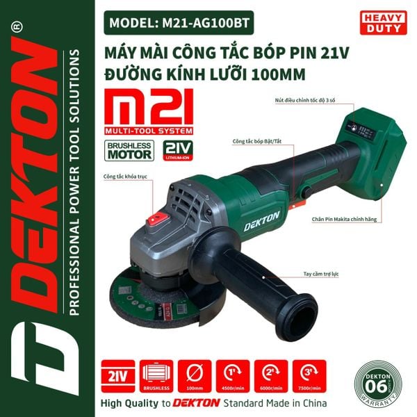  Máy Mài Góc Pin Dekton M21-AG100BT - công tắc bóp - có bộ ráp đai 