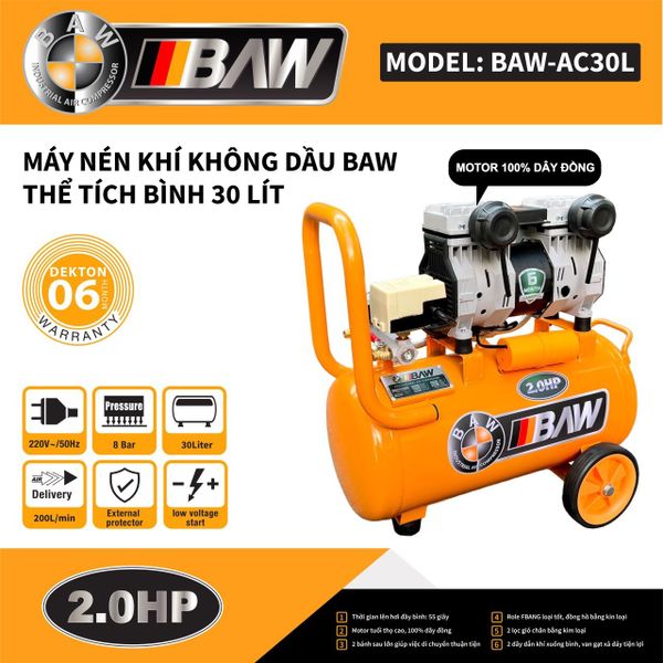  Máy Nén Khí BAW -AC30L - 30L - 2HP (Không Dầu) - 2 VÒI 