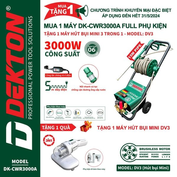  Khuyến Mãi Máy Rửa xe Dekton DK-CWR-3000A ( 3000 W) - TẶNG MÁY HÚT BỤI (THÁNG 5/2024) 
