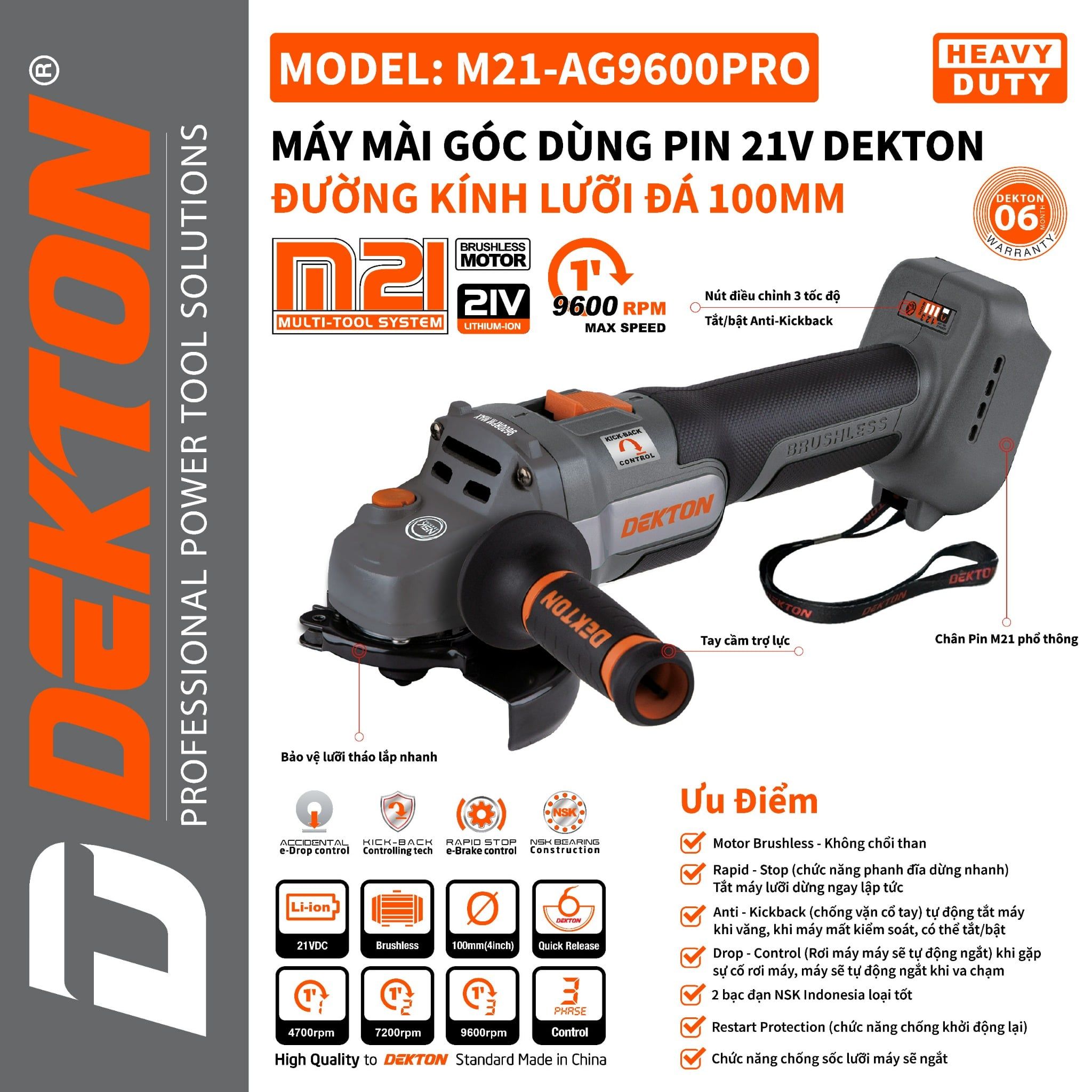  Máy Mài Góc Pin Dekton M21 - AG 9600 PRO 