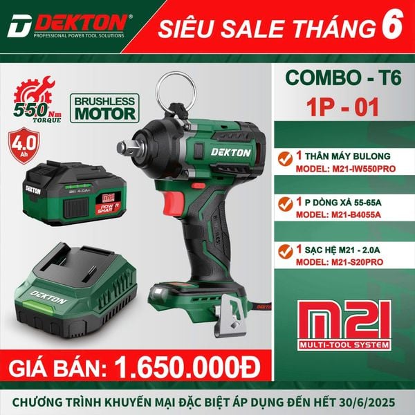 [KHUYẾN MÃI] Combo Máy siết bu lông dùng pin Dekton M21 - IW 550 PRO - Kèm 1 Pin 4a và 1 Sạc 