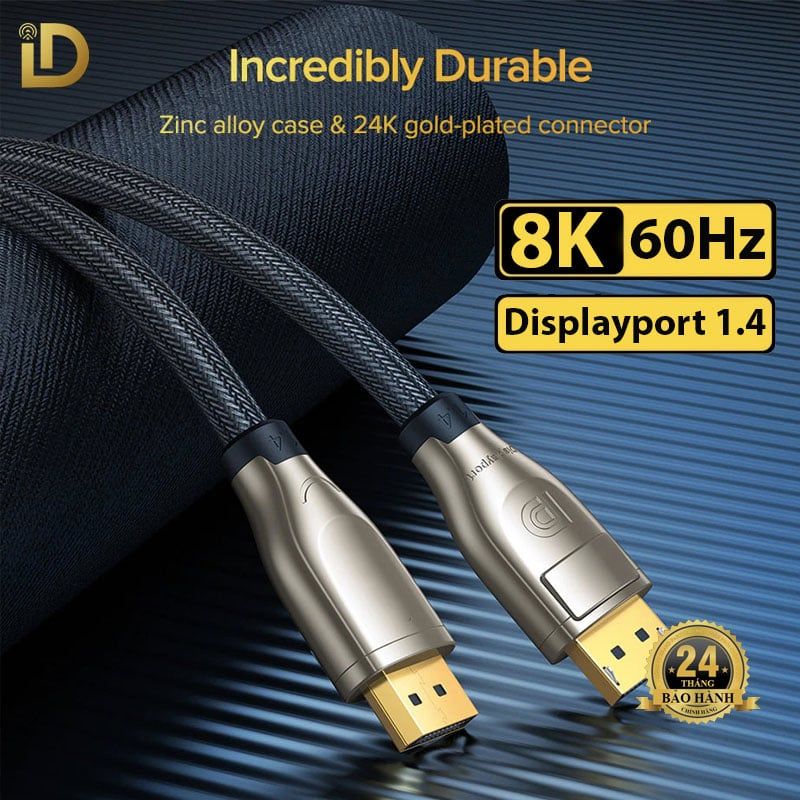  Cáp Displayport 1.4 8K@60Hz, 4K@144Hz, 2K@165Hz Đầu Metal Bện Lưới Cao Cấp ID TECH HA101 - BH 24T Đổi Mới 