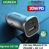 Cốc Sạc Nhanh Xe Hơi Cổng USB  3.0 & Type C PD 20W Ugreen CD130 - BH 18T Chính Hãng