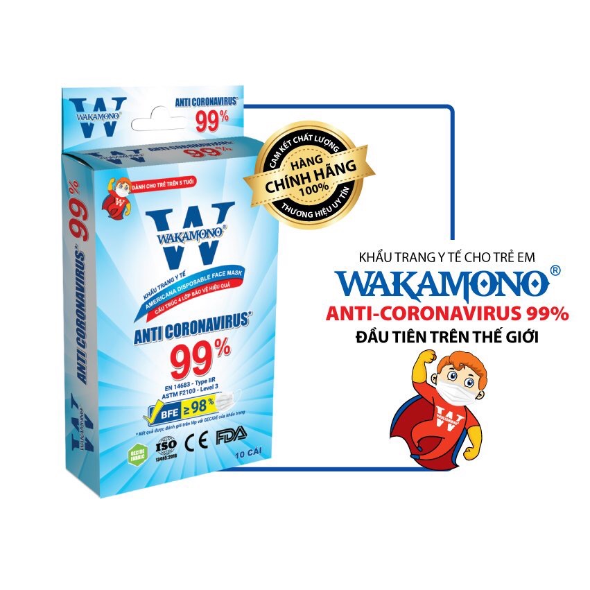 Khẩu Trang Y Tế Trẻ Em 4 Lớp Wakamono Diệt Virus Corona 99% (10 Cái/Hộp)