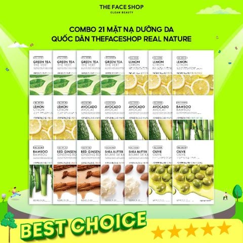 T02_Combo 21 Mặt Nạ Dưỡng Da Quốc Dân Thefaceshop Real Nature 20G (Gồm Nhiều Loại Mặt Nạ Khác Nhau, Có Thể Đắp Mỗi Ngày Dùng Được Cho Mọi Loại Da, Trừ Da Mụn Viêm Hoặc Đang Điều Trị)