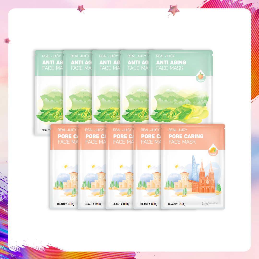 Combo 10 Mặt Nạ Giấy Chống Lão Hóa, Làm Mịn Lỗ Chân Lông Beauty Box Real Juicy