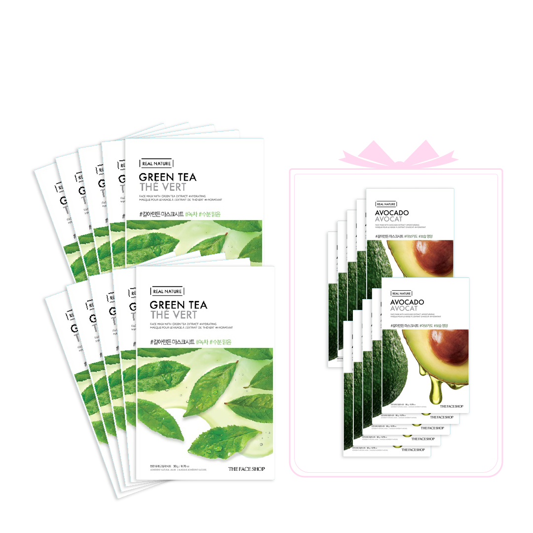 Combo 20 Mặt Nạ Giấy Cấp Ẩm, Thanh Lọc Da Thefaceshop Real Nature (Trà Xanh - Bơ)