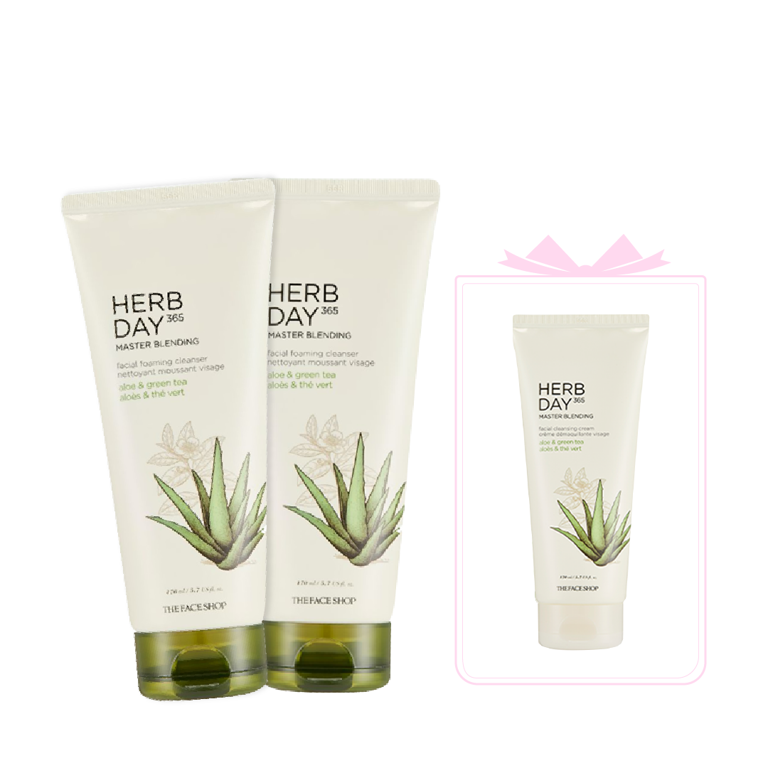 Combo Tẩy Trang & Sữa Rửa Mặt Thefaceshop Herb Day 365 Aloe & Green Tea 170Ml