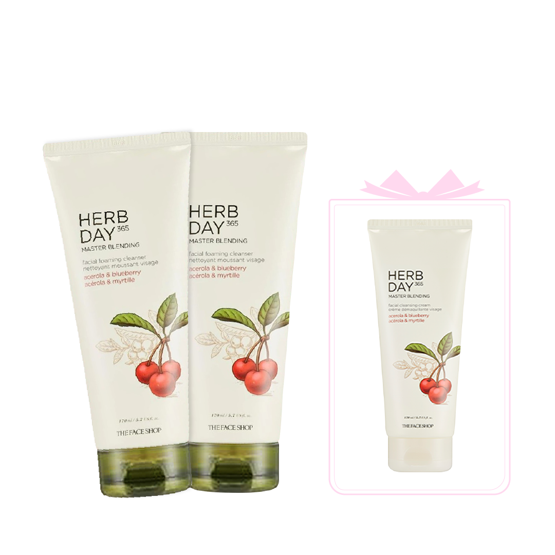 Combo Tẩy Trang & Sữa Rửa Mặt Trái Anh Đào Thefaceshop Herb Day 365 Acerola & Blueberry 170Ml