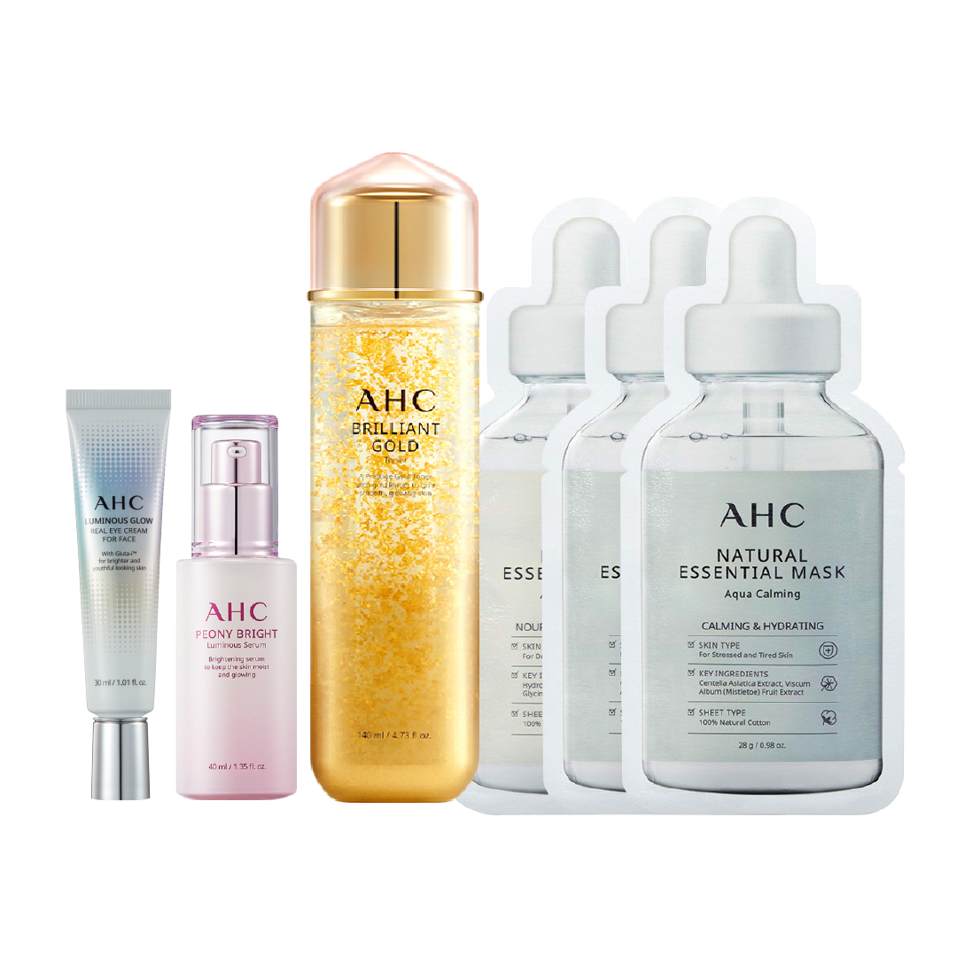 Combo Dưỡng Da Chuyên Sâu Ahc (Kem Mắt Luminous Glow + Tinh Chất Peony Bright + Toner Brilliant Gold + 3 Mặt Nạ Aqua )