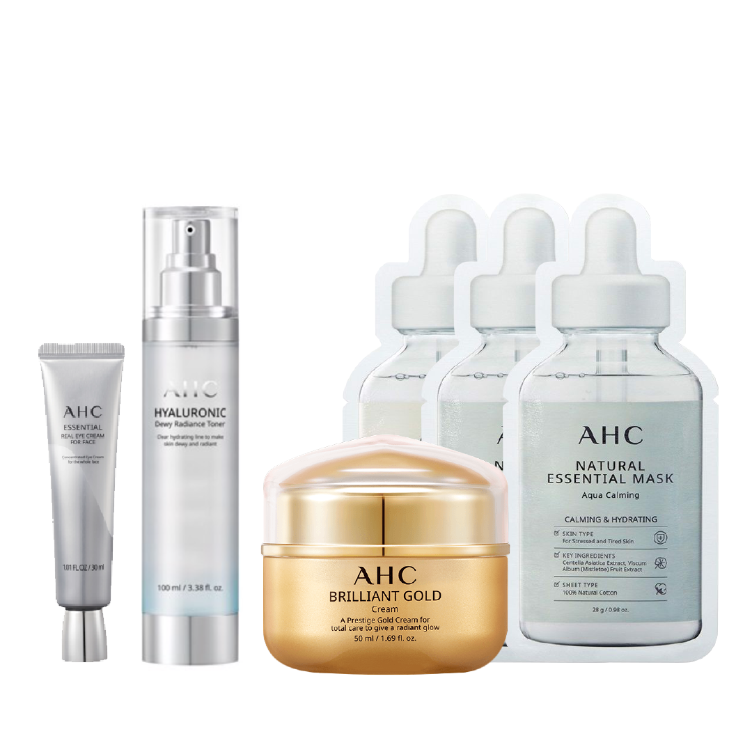 Combo Dưỡng Ẩm Làm Sáng Da Ahc Hyaluronic (Kem Mắt Essential Real Eye + Toner Hyaluronic Dewy + Kem Dưỡng Brilliant Gold + 3 Mặt Nạ Aqua )