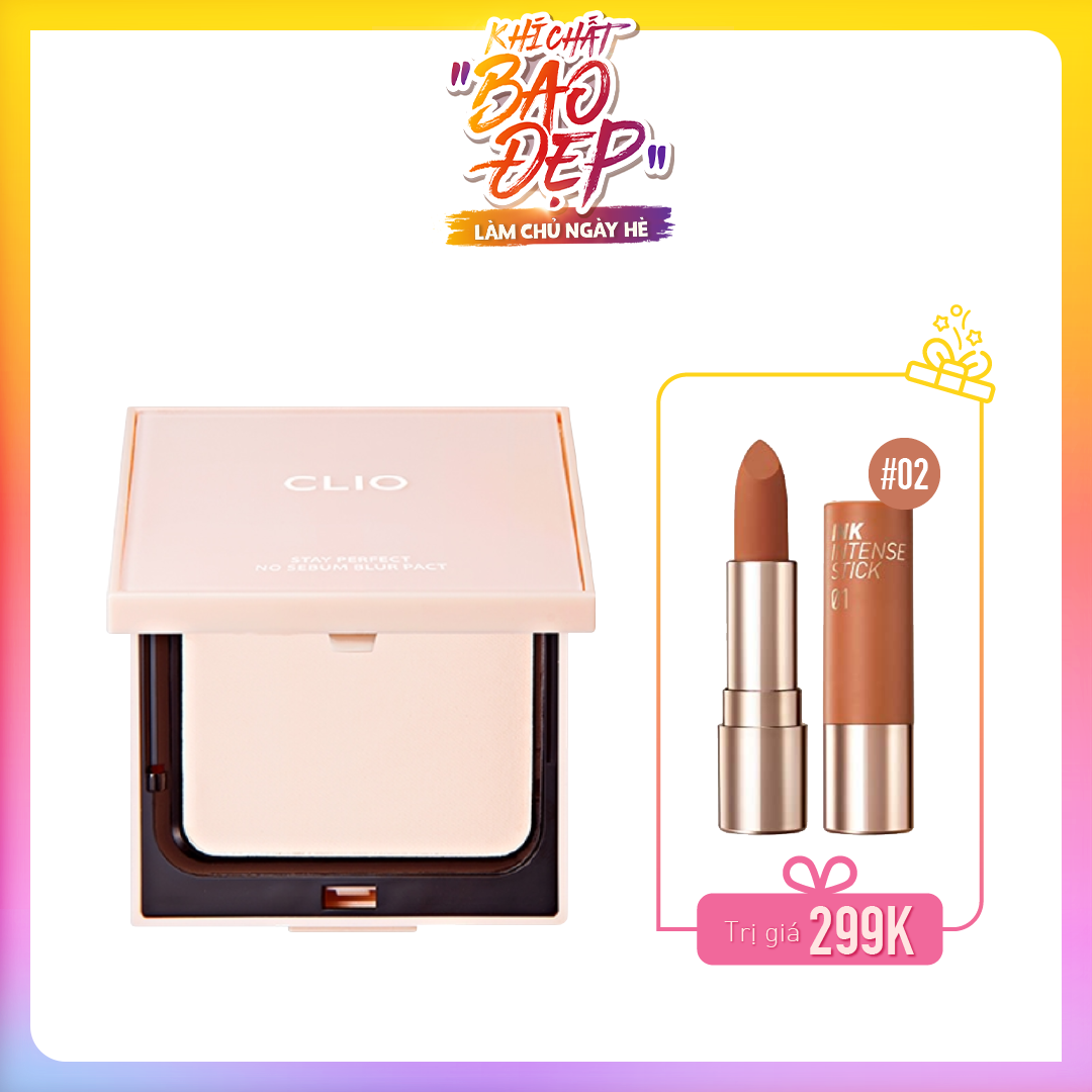 Combo Son Lì & Phấn Phủ Dạng Nén Clio Stay Perfect No Sebum Blur Pact 10G